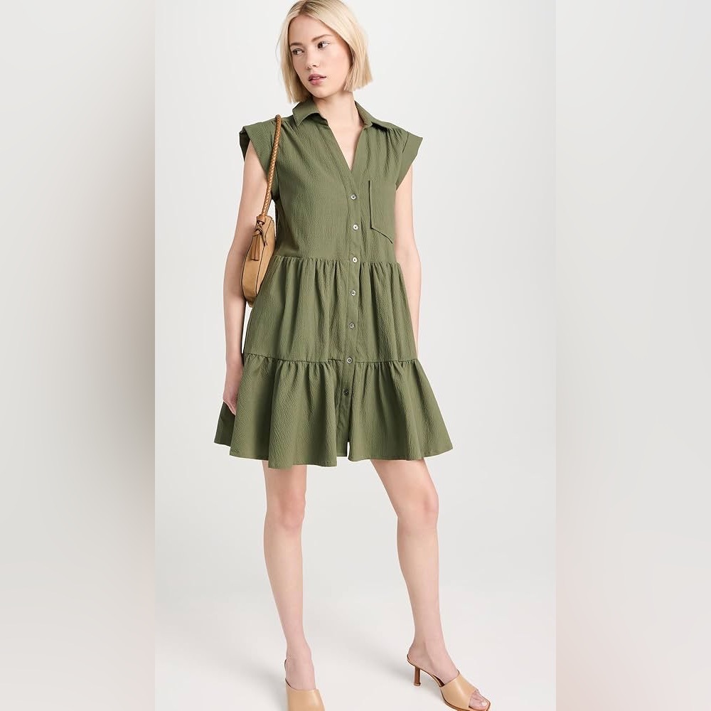 VERONICA BEARD TRISHA SHIRT DRESS ARMY STONE GREEN TIERRED 98% Cotton BUTTON UP